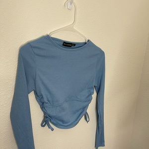 Blue Rib Underbust Drawstring Long Sleeve Crop Top